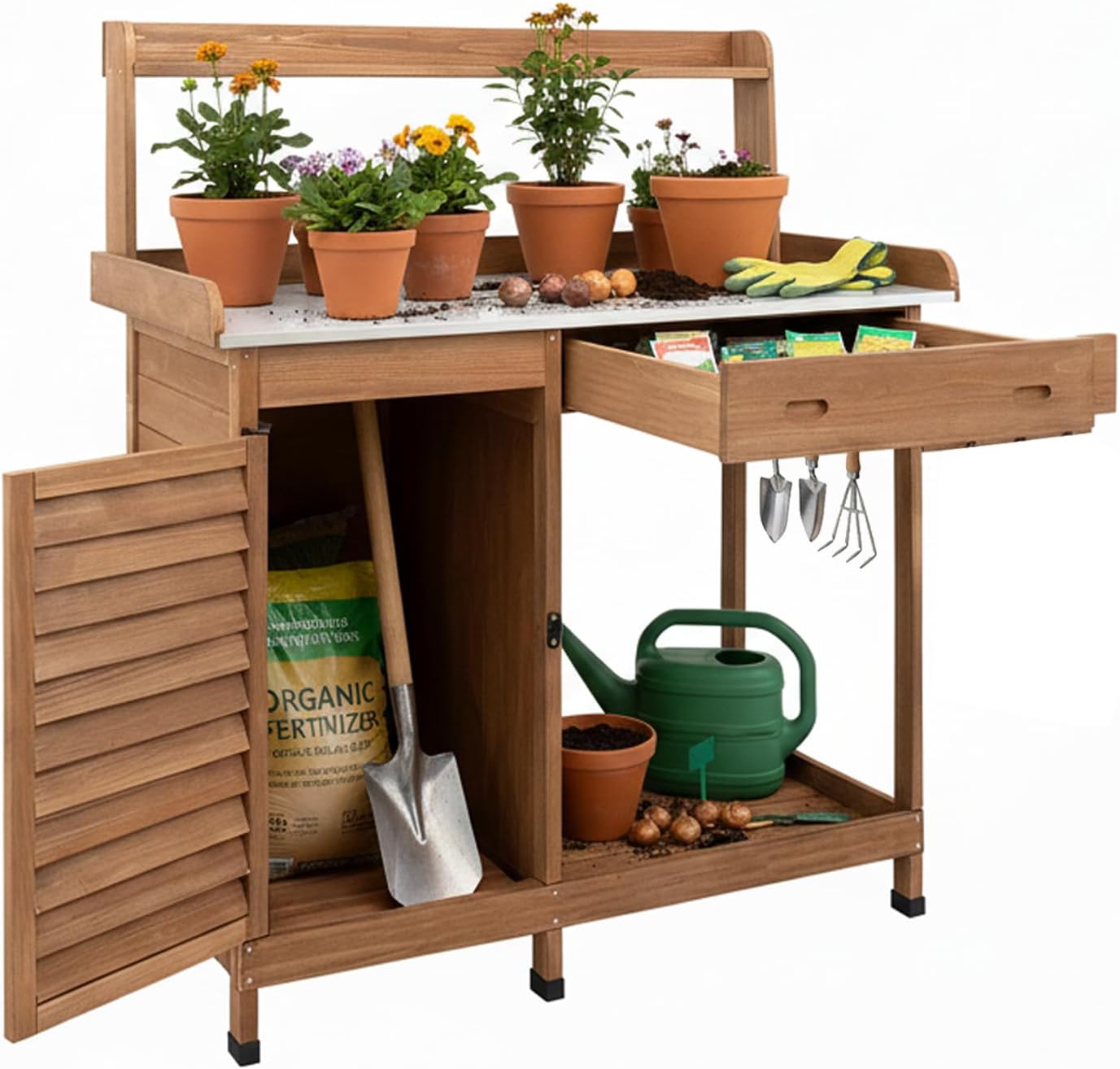 Potting Bench Table Work Bench with Storage Cabinet Outdoor Wooden Garden Workstation with Metal Tabletop-Drawer-Hooks-Open Shelf(41 LX 12.5 W X 49.2 H) - 1
