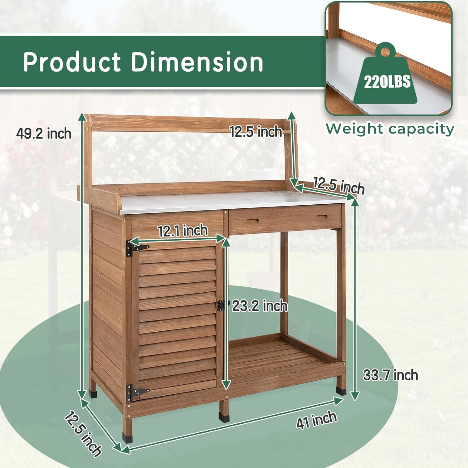 Potting Bench Table Work Bench with Storage Cabinet Outdoor Wooden Garden Workstation with Metal Tabletop/Drawer/Hooks/Open Shelf(41" LX 12.5" W X 49.2" H) - Image 7