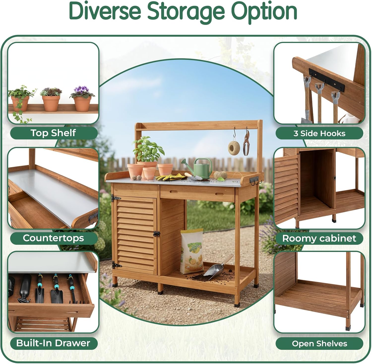Potting Bench Table Work Bench with Storage Cabinet Outdoor Wooden Garden Workstation with Metal Tabletop/Drawer/Hooks/Open Shelf(41" LX 12.5" W X 49.2" H) - Image 6