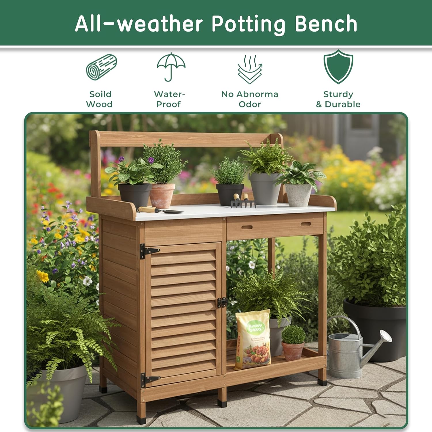Potting Bench Table Work Bench with Storage Cabinet Outdoor Wooden Garden Workstation with Metal Tabletop/Drawer/Hooks/Open Shelf(41" LX 12.5" W X 49.2" H) - Image 4