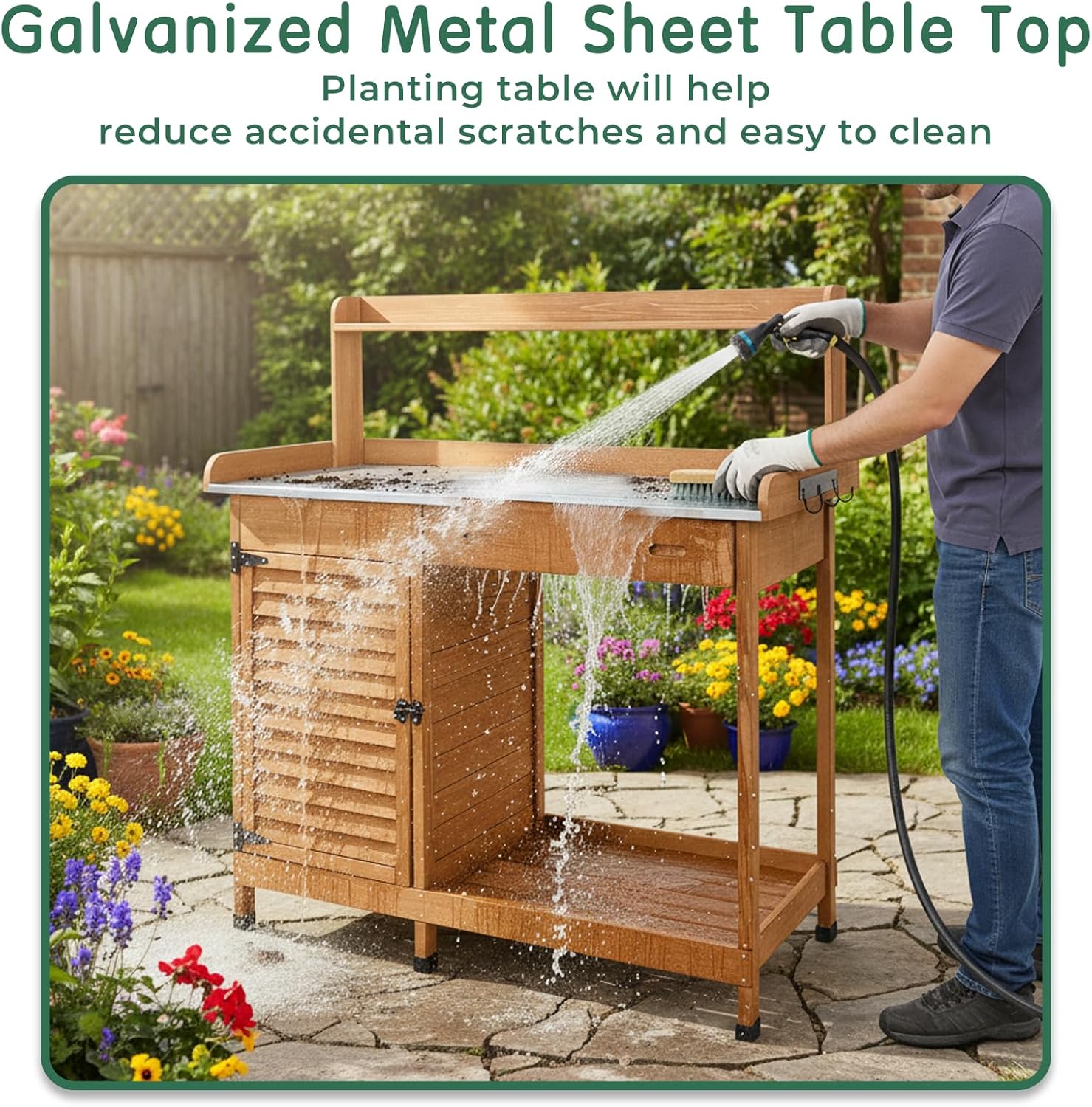 Potting Bench Table Work Bench with Storage Cabinet Outdoor Wooden Garden Workstation with Metal Tabletop/Drawer/Hooks/Open Shelf(41" LX 12.5" W X 49.2" H) - Image 5