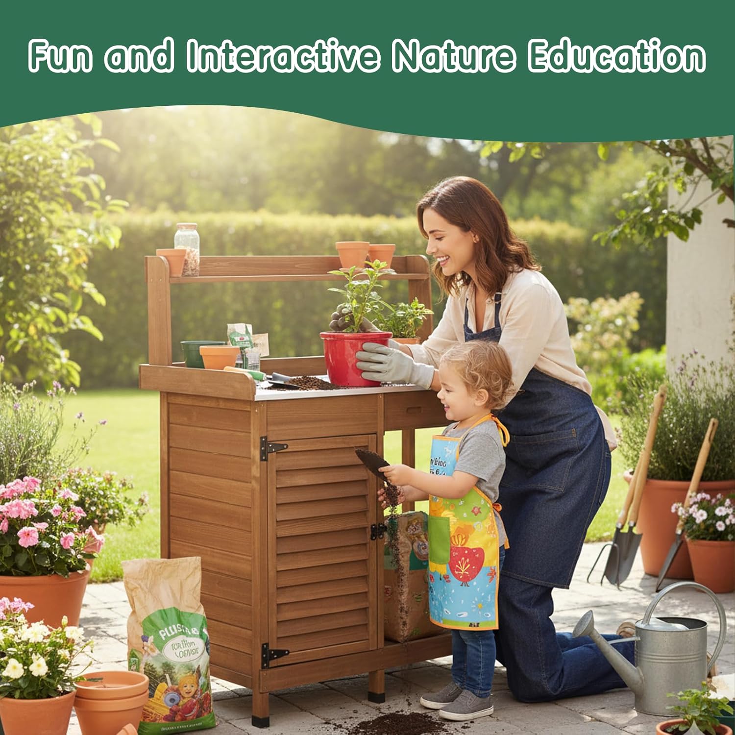 Potting Bench Table Work Bench with Storage Cabinet Outdoor Wooden Garden Workstation with Metal Tabletop/Drawer/Hooks/Open Shelf(41" LX 12.5" W X 49.2" H) - Image 3