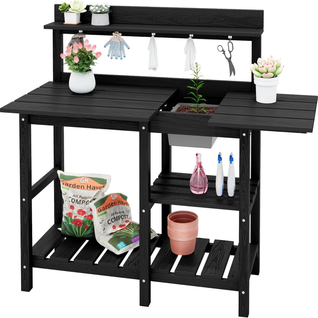 SERWALL Outdoor Potting Bench with Removeable Sink,Rot-Resistant HDPE Potting Table for Outside Gardening, All Weather Use – Black