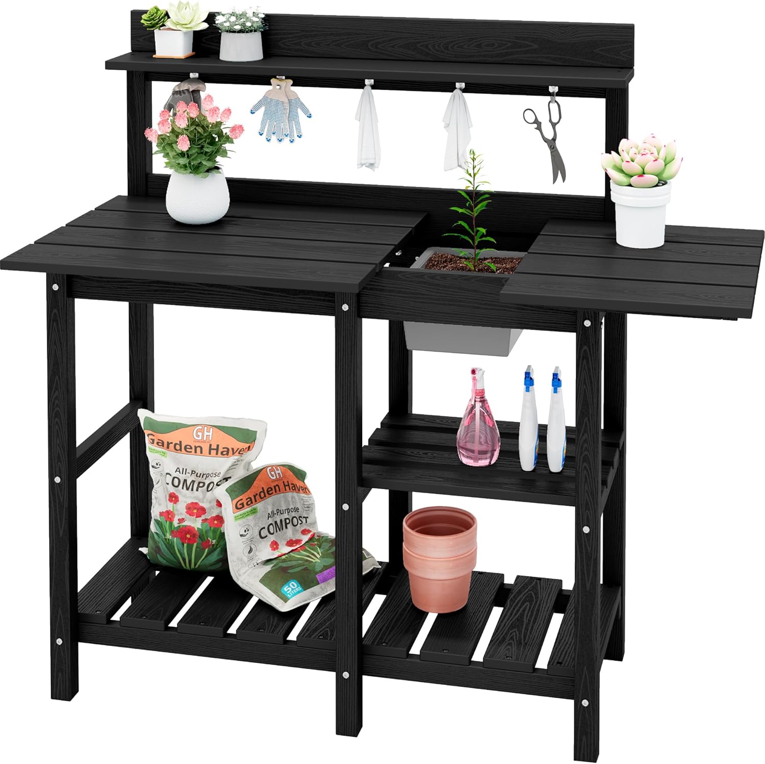 SERWALL Outdoor Potting Bench with Removeable Sink,Rot-Resistant HDPE Potting Table for Outside Gardening, All Weather Use - Black - 1