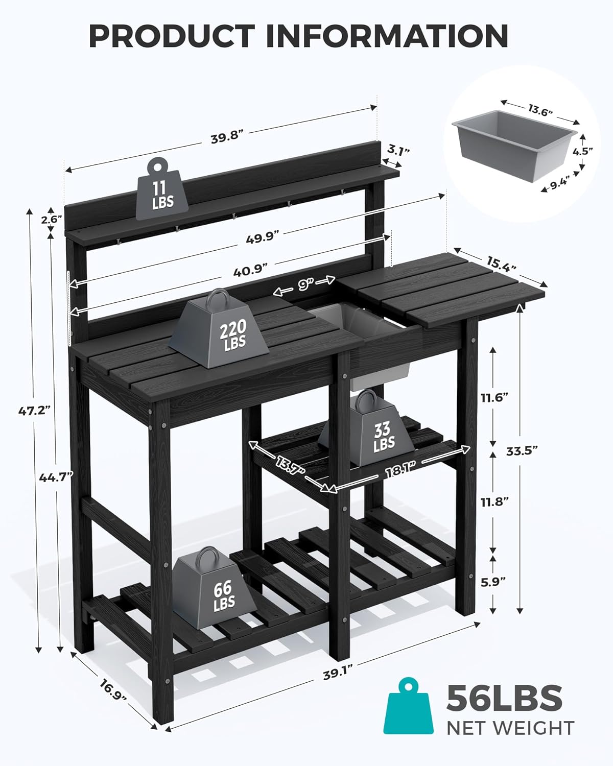 SERWALL Outdoor Potting Bench with Removeable Sink,Rot-Resistant HDPE Potting Table for Outside Gardening, All Weather Use - Black - Image 8