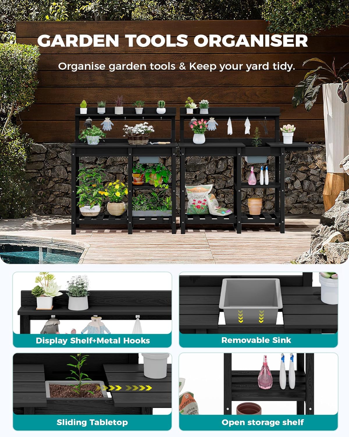 SERWALL Outdoor Potting Bench with Removeable Sink,Rot-Resistant HDPE Potting Table for Outside Gardening, All Weather Use - Black - Image 6