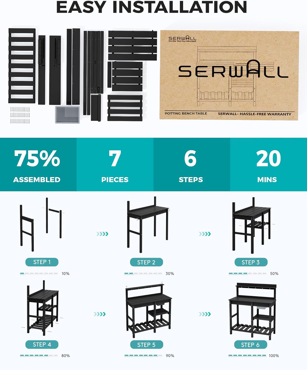 SERWALL Outdoor Potting Bench with Removeable Sink,Rot-Resistant HDPE Potting Table for Outside Gardening, All Weather Use - Black - Image 5
