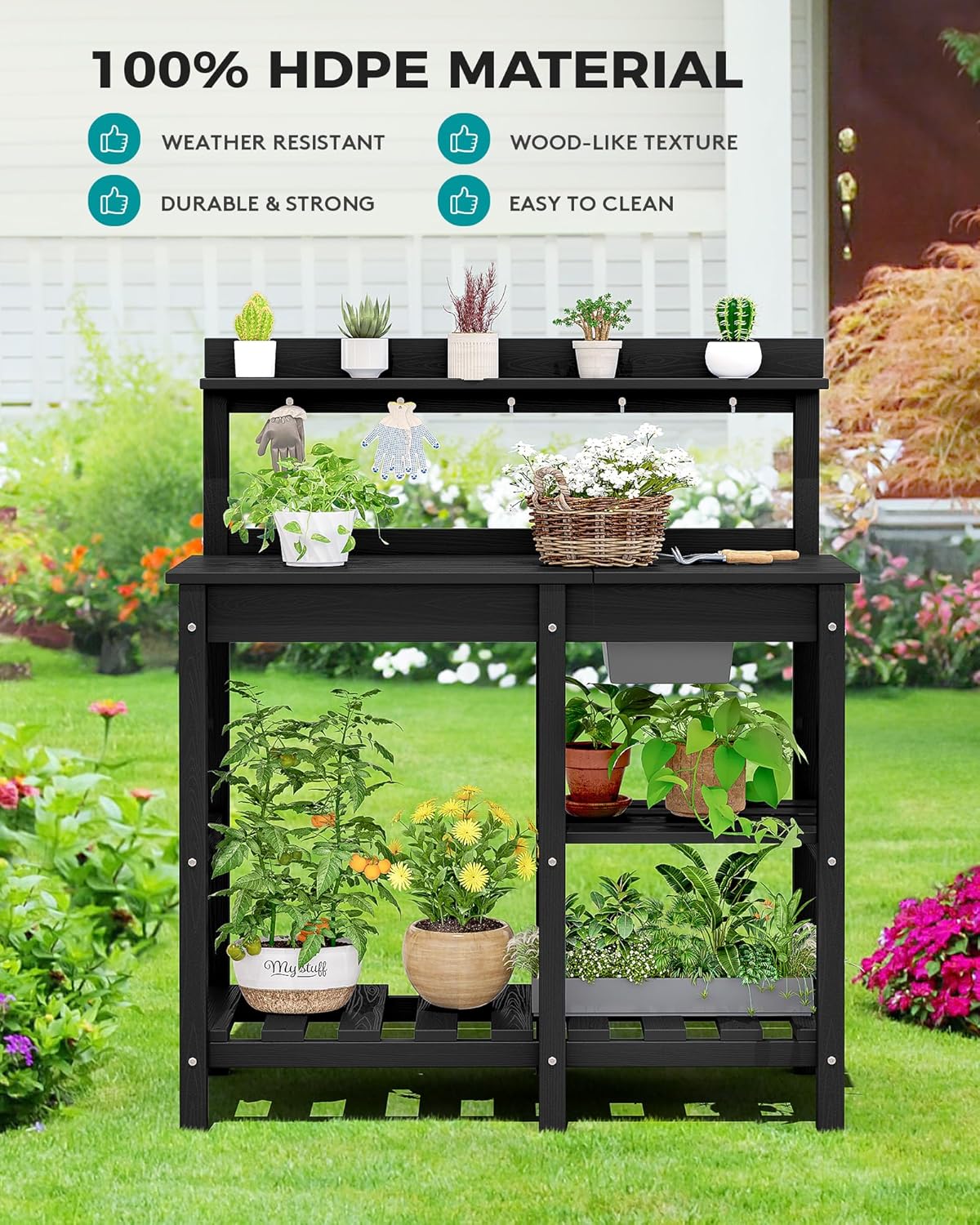 SERWALL Outdoor Potting Bench with Removeable Sink,Rot-Resistant HDPE Potting Table for Outside Gardening, All Weather Use - Black - Image 4