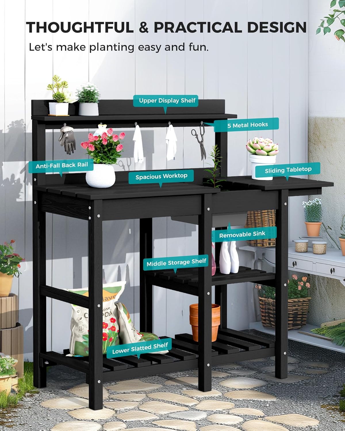 SERWALL Outdoor Potting Bench with Removeable Sink,Rot-Resistant HDPE Potting Table for Outside Gardening, All Weather Use - Black - Image 3
