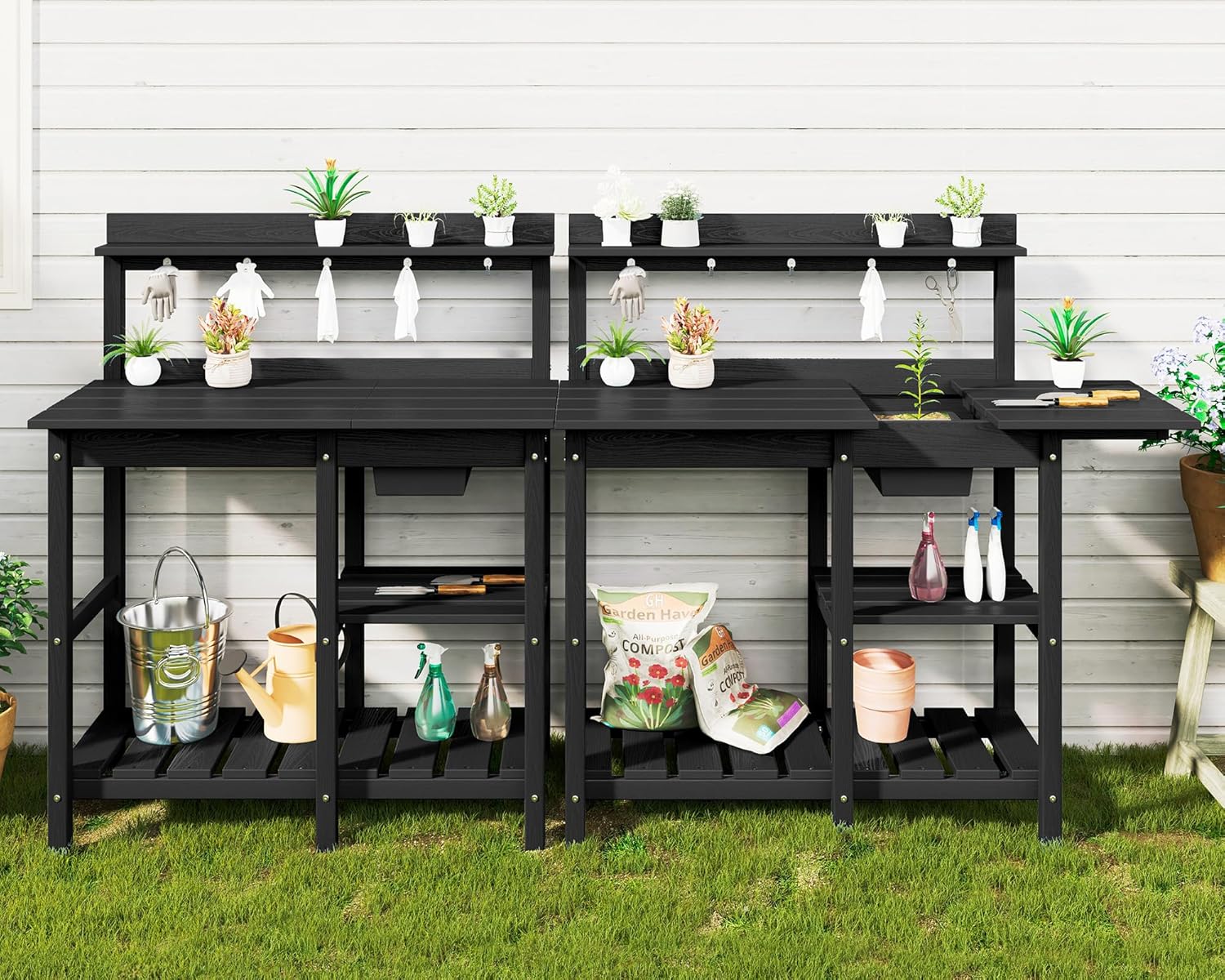 SERWALL Outdoor Potting Bench with Removeable Sink,Rot-Resistant HDPE Potting Table for Outside Gardening, All Weather Use - Black - Image 2