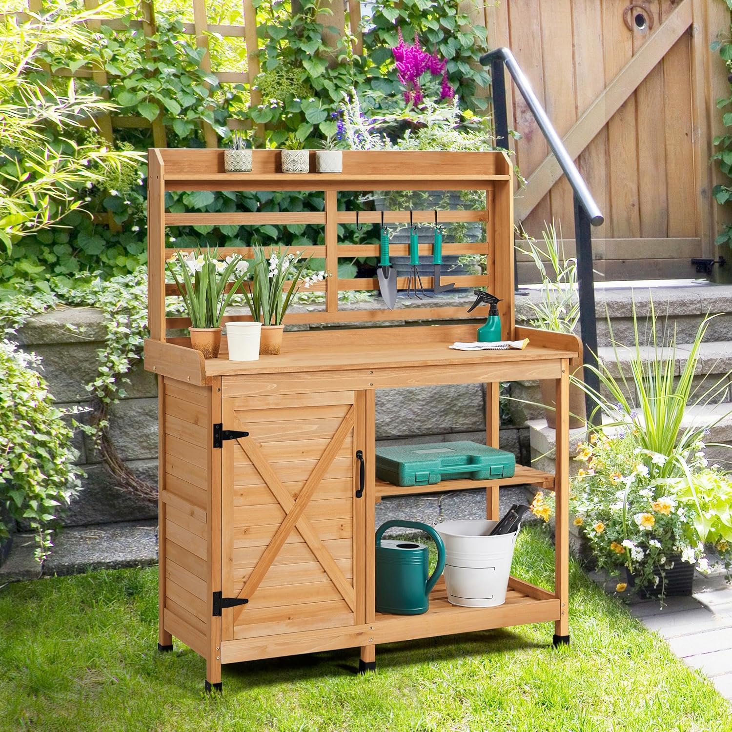 Yaheetech Outdoor Potting Bench, Large Horticulture Work Table Workstation with Storage Cabinet Shelf & Planting Working Console for Patio/Lawn/Garden - Wood - Image 9