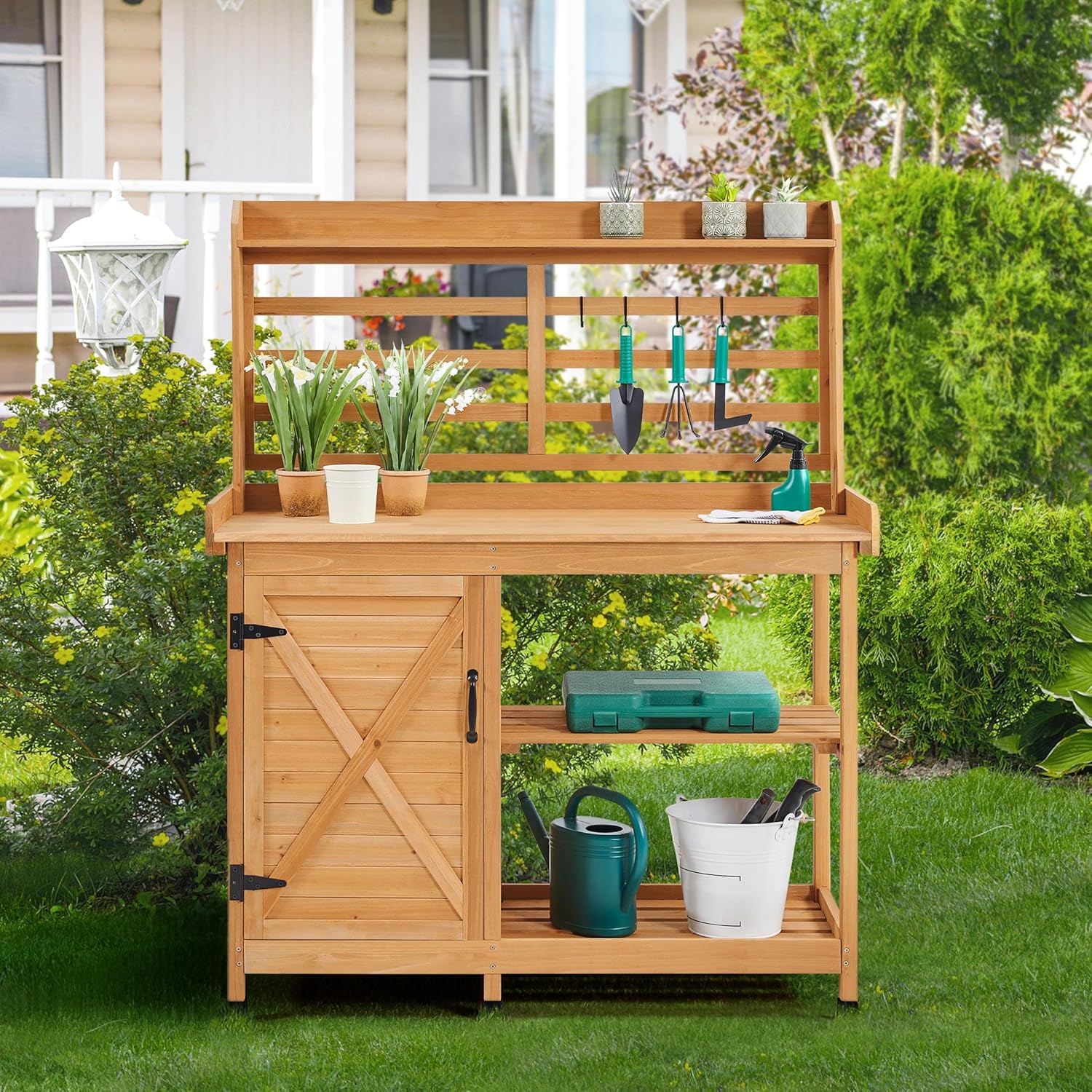 Yaheetech Outdoor Potting Bench, Large Horticulture Work Table Workstation with Storage Cabinet Shelf & Planting Working Console for Patio/Lawn/Garden - Wood - Image 7