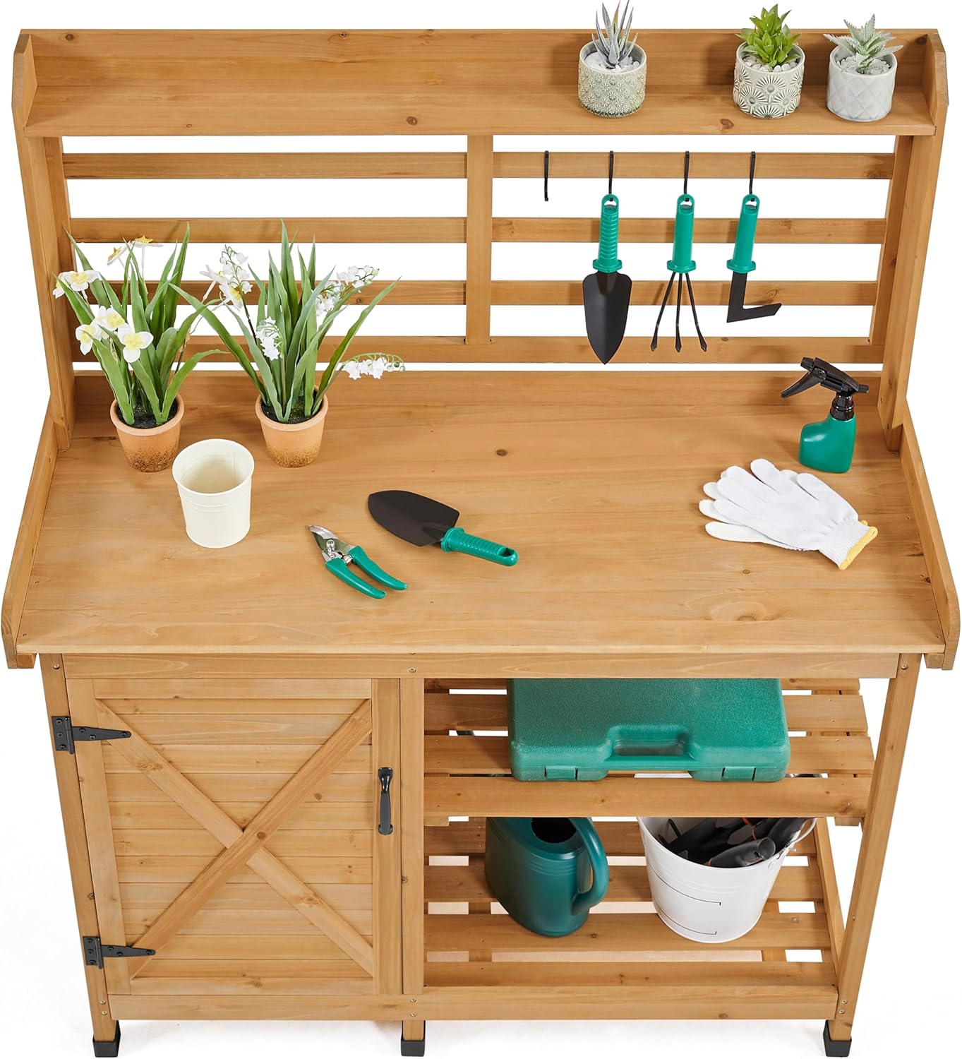 Yaheetech Outdoor Potting Bench, Large Horticulture Work Table Workstation with Storage Cabinet Shelf & Planting Working Console for Patio/Lawn/Garden - Wood - Image 2