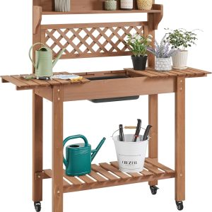 Yaheetech Potting Bench Table Outdoor Garden Horticulture Wooden Workstation Benches w-Sliding Tabletop-Removable Sink-Storage Shelf,Brown - 1