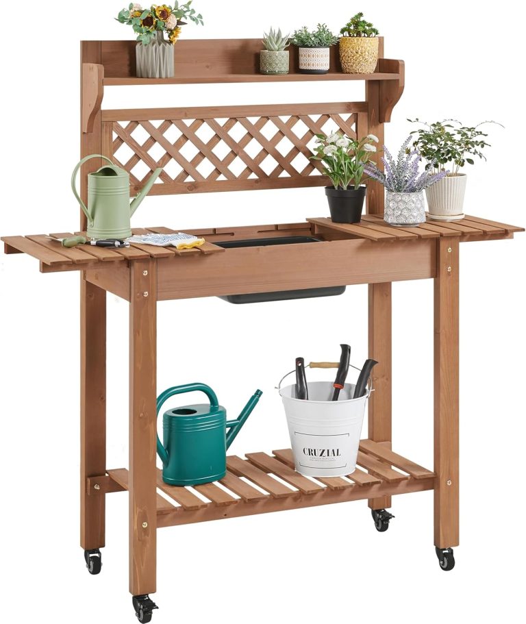 Yaheetech Potting Bench Table Outdoor Garden Horticulture Wooden Workstation Benches w/Sliding Tabletop/Removable Sink/Storage Shelf,Brown
