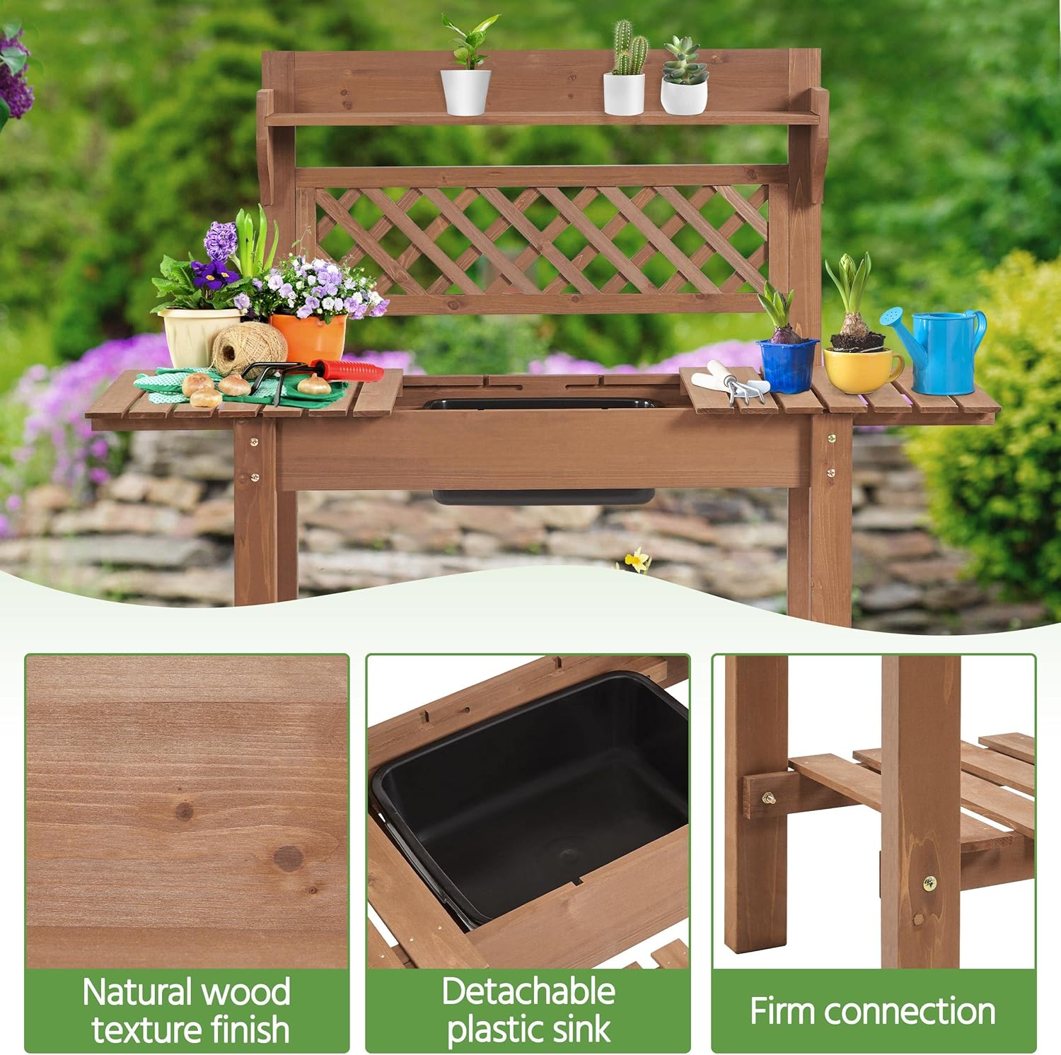 Yaheetech Potting Bench Table Outdoor Garden Horticulture Wooden Workstation Benches w/Sliding Tabletop/Removable Sink/Storage Shelf,Brown - Image 7