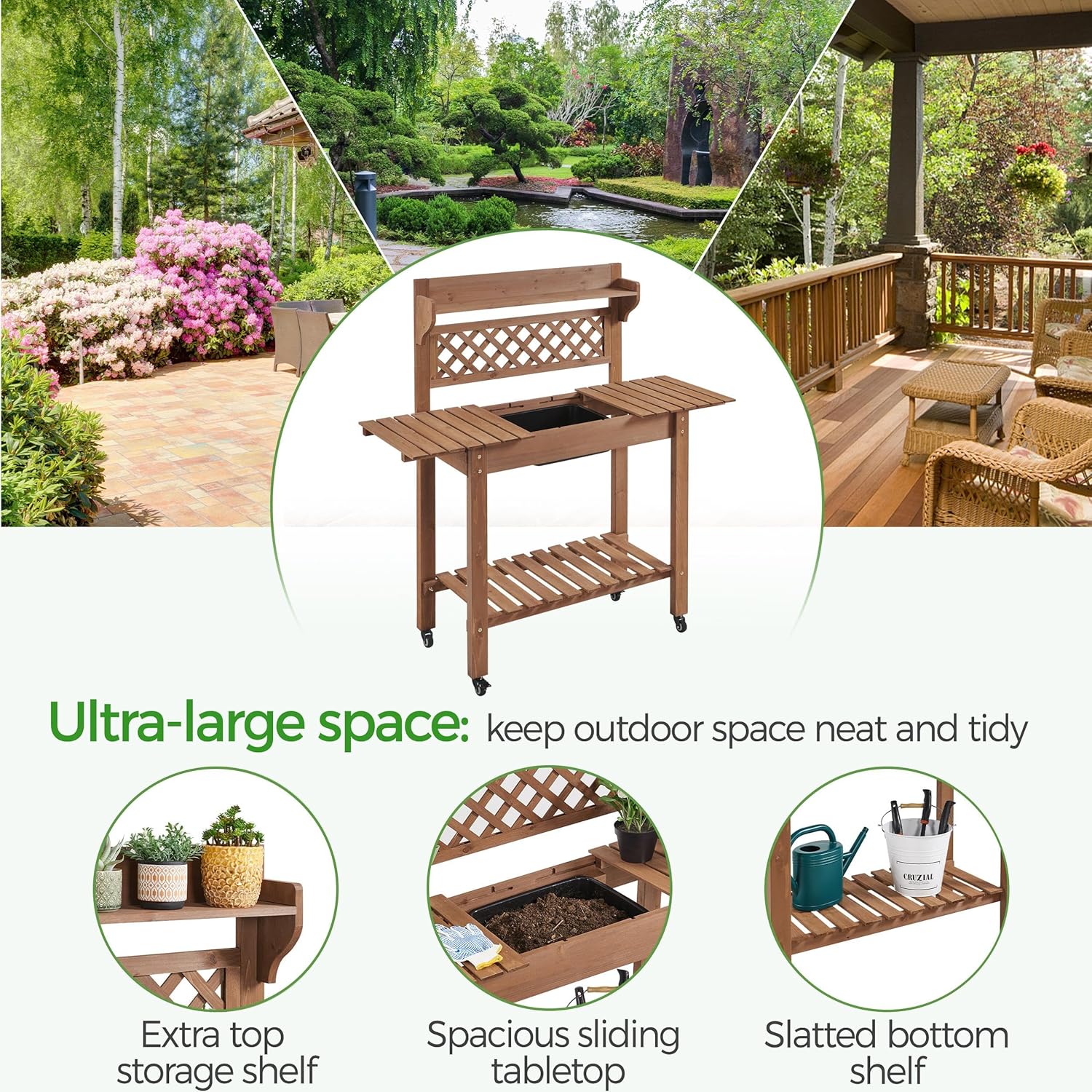 Yaheetech Potting Bench Table Outdoor Garden Horticulture Wooden Workstation Benches w/Sliding Tabletop/Removable Sink/Storage Shelf,Brown - Image 6