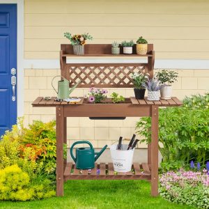 Alternative view of Yaheetech Potting Bench Table Outdoor Garden Horticulture Wooden Workstation Benches w/Sliding Tabletop/Removable Sink/Storage Shelf,Brown