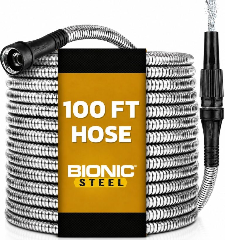 BIONIC STEEL 100 Ft Metal Garden Hose with Sprayer Nozzle, Non Kinking Designed Stainless Steel Heavy Duty Water Hose 100 Ft x 5/8 in. Flexible NON Expandable for Uninterrupted Water Flow, 500 PSI