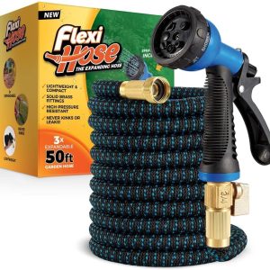 Flexi Hose Expandable Garden Hose with 8 Function Nozzle, 50FT - Lightweight Retractable Garden Hose, Water Hose - No-Kink Flexibility, 3-4 Inch Solid Brass Fittings and Double Latex Core - 1