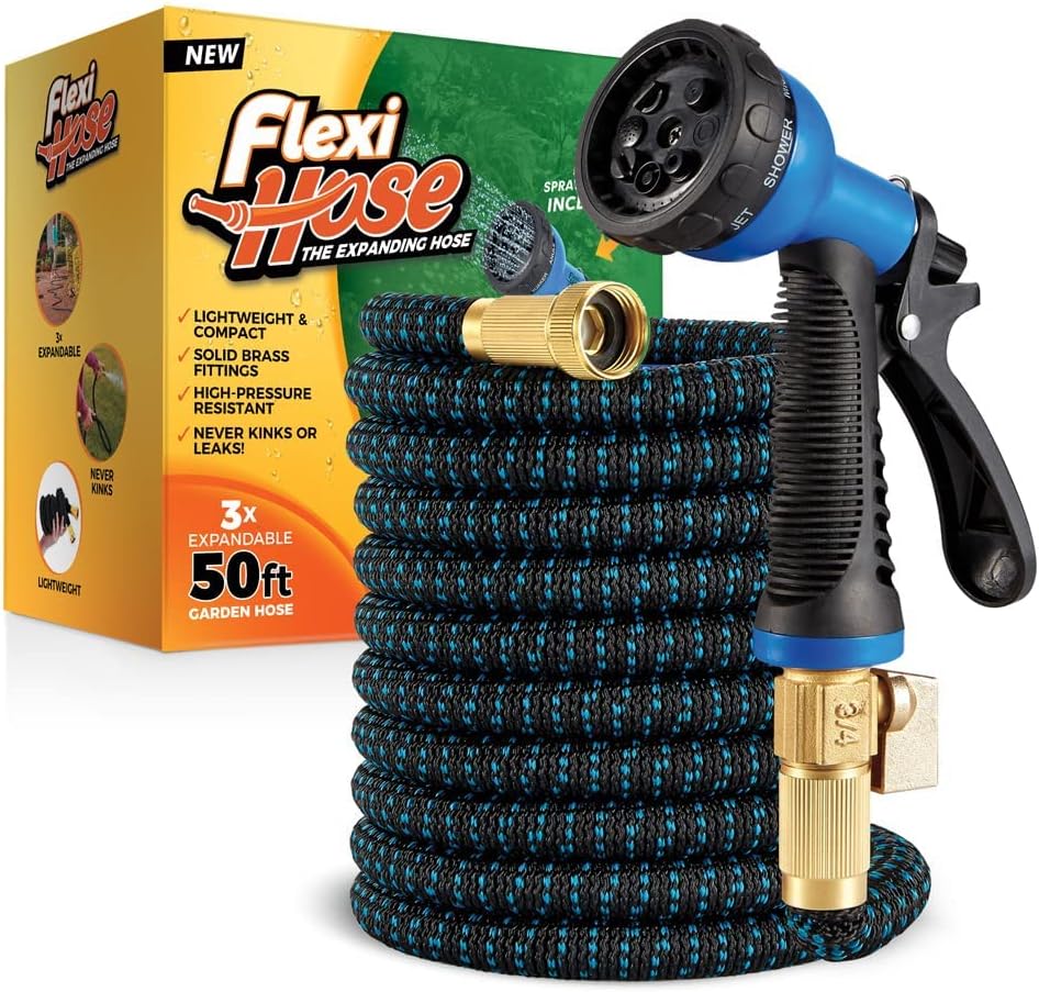 Flexi Hose Expandable Garden Hose with 8 Function Nozzle, 50FT - Lightweight Retractable Garden Hose, Water Hose - No-Kink Flexibility, 3-4 Inch Solid Brass Fittings and Double Latex Core - 1