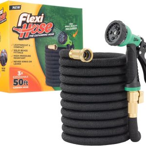 Flexi Hose Expandable Garden Hose with 8 Function Nozzle, 50FT - Lightweight Retractable Garden Hose, Water Hose - No-Kink Flexibility, 3-4 Inch Solid Brass Fittings and Double Latex Core - 1