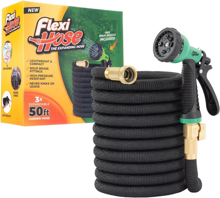 Flexi Hose Expandable Garden Hose with 8 Function Nozzle, 50FT – Lightweight Retractable Garden Hose, Water Hose – No-Kink Flexibility, 3/4 Inch Solid Brass Fittings and Double Latex Core