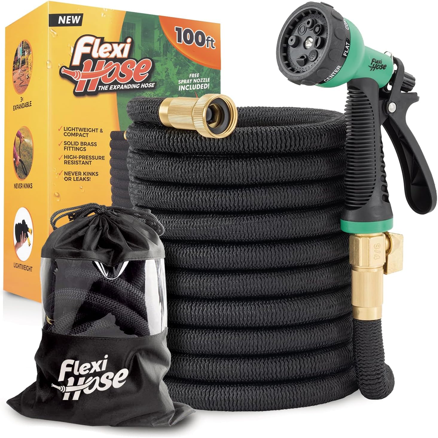 Flexi Hose Plus Expandable Garden Hose with 8 Function Nozzle, 100FT - Lightweight Retractable Garden Hose, Water Hose - No-Kink Flexibility, 3-4 Inch Solid Brass Fittings Includes Hook & Bag - 1
