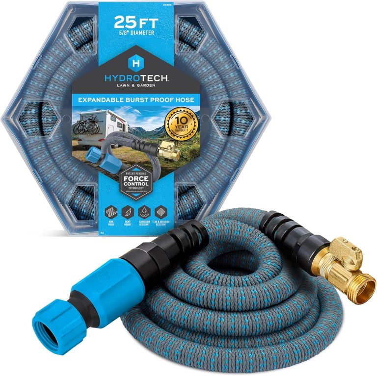 HydroTech 5/8″ 25 ft Expandable Garden Hose – Flexible, Lightweight, Durable and Burst-Proof Hose with Reinforced Latex Core and Solid Brass Fittings – Great for Lawn Care, Garden, and Car Washing