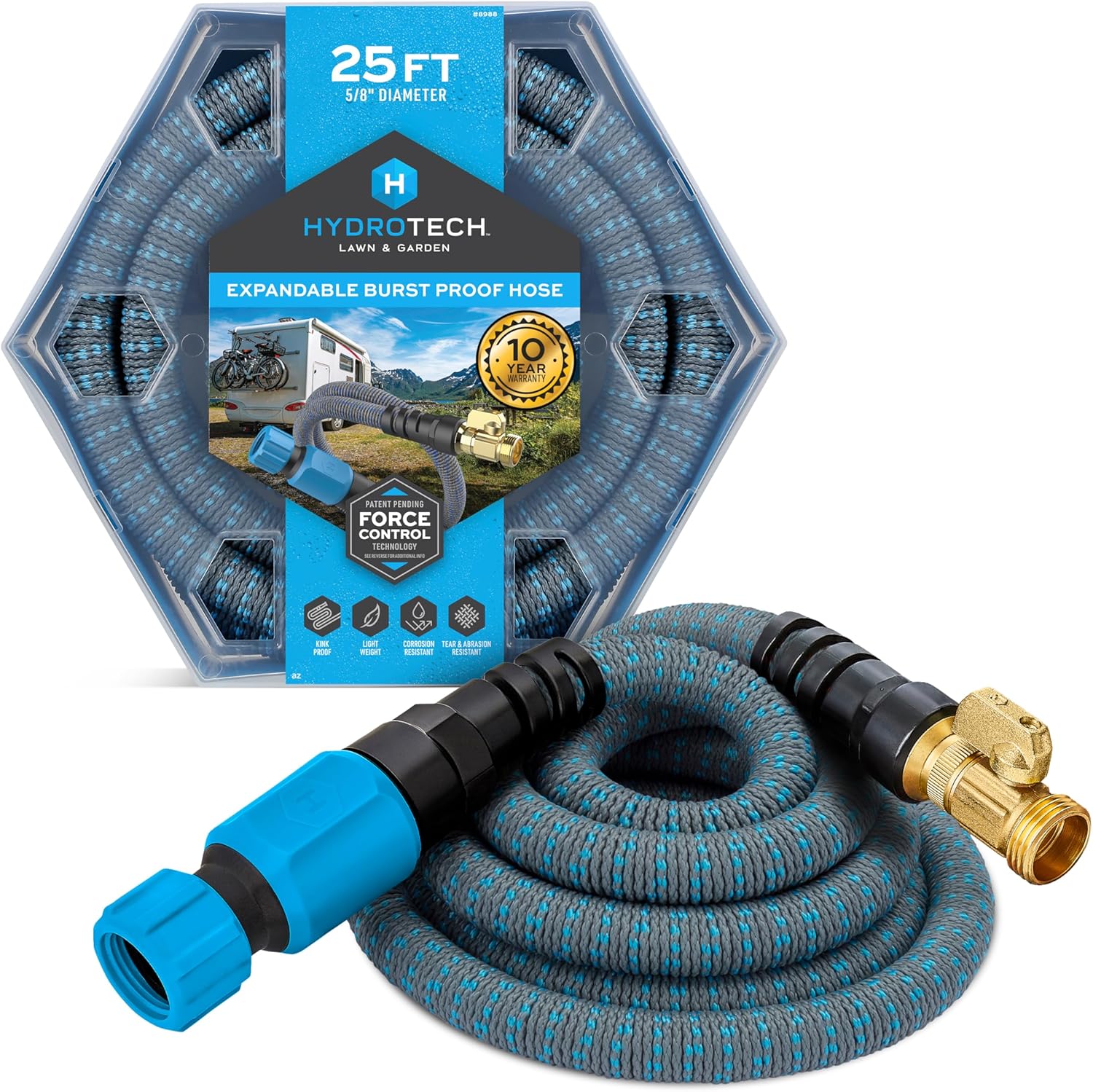 HydroTech 5-8 25 ft Expandable Garden Hose - Flexible, Lightweight, Durable and Burst-Proof Hose with Reinforced Latex Core and Solid Brass Fittings - Great for Lawn Care, Garden, and Car Washing - 1