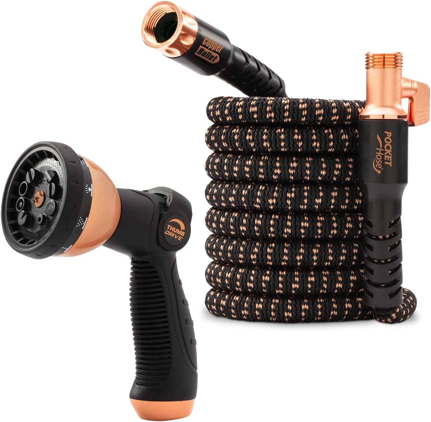 Pocket Hose 50 FT Copper Bullet Expandable Garden Hose w-10 Pattern Thumb Spray Nozzle AS SEEN ON TV 650psi 3-4 in Patented Lead-Free Ultra-Lightweight Solid Copper Anodized Aluminum - 1