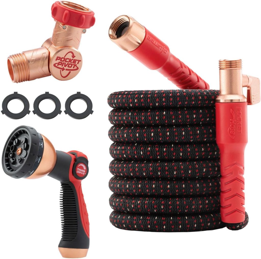 Pocket Hose Ballistic 50 FT Expandable Garden Hose w-Pocket Pivot Swivel Connector, Anti-Burst Sleeve Reinforced with Bulletproof Fiber, Lightweight, No-Kink, Compact, UV-Protected, AS SEEN ON TV - 1