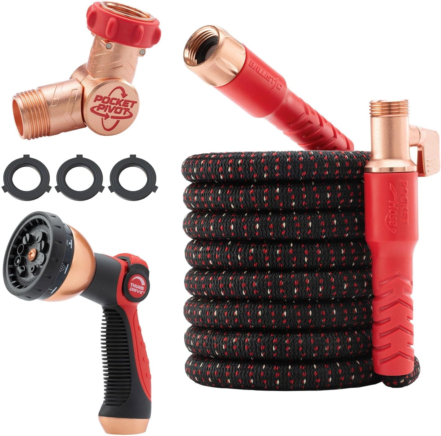 Pocket Hose Ballistic 50 FT Expandable Garden Hose w-Pocket Pivot Swivel Connector, Anti-Burst Sleeve Reinforced with Bulletproof Fiber, Lightweight, No-Kink, Compact, UV-Protected, AS SEEN ON TV - 1