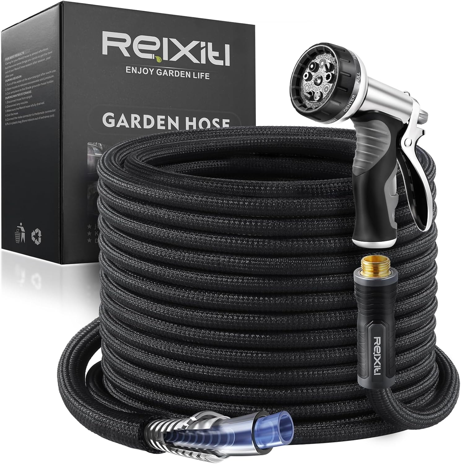 Relxitl Garden Hose, Flexible Water Hose, Ultra Lightweight Non-Expanding hose with 10 Function Sprayer, Leak proof, Pressure Resistant for Yard, Outdoor (Black, 50FT) - 1