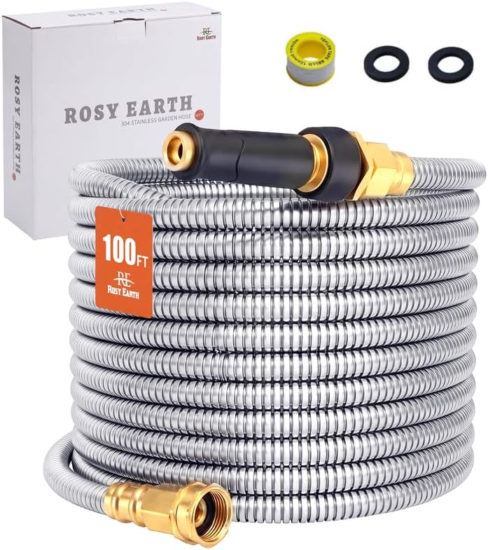 Rosy Earth Stainless Steel Garden Hose 100 FT, Heavy Duty Expandable Water Hose, No-Kink, No Bite, Flexible Garden Hoses for Yard, RV, Car - 1