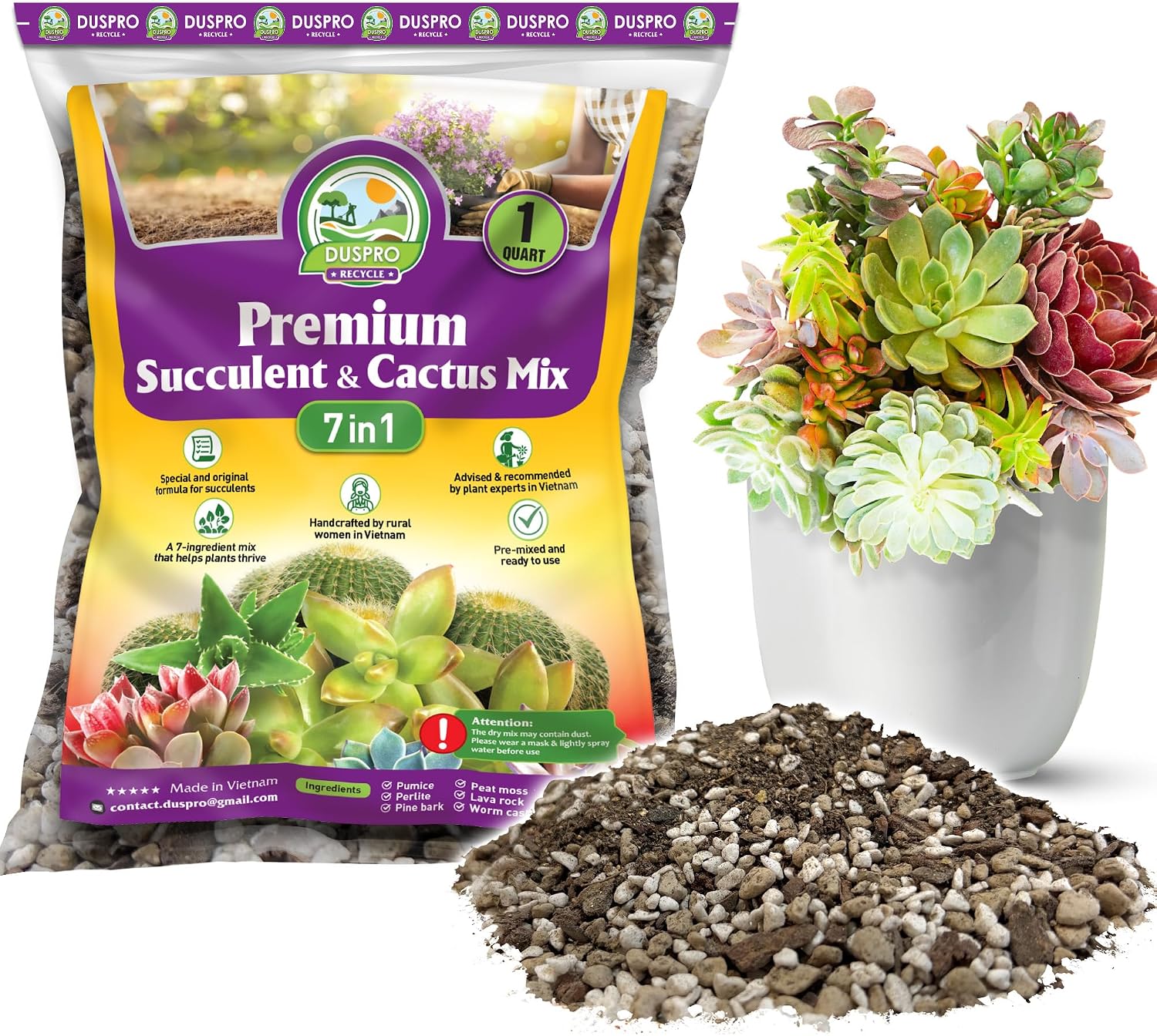 7-in-1 Succulents & Cactus Soil Mix, Pre-Mixed & Ready to Use, 1 QT - Well-Draining Cactus Potting Soil for Succulents and Cacti, Indoor & Outdoor Use, Airflow, Balanced Moisture & Airy Texture - 1