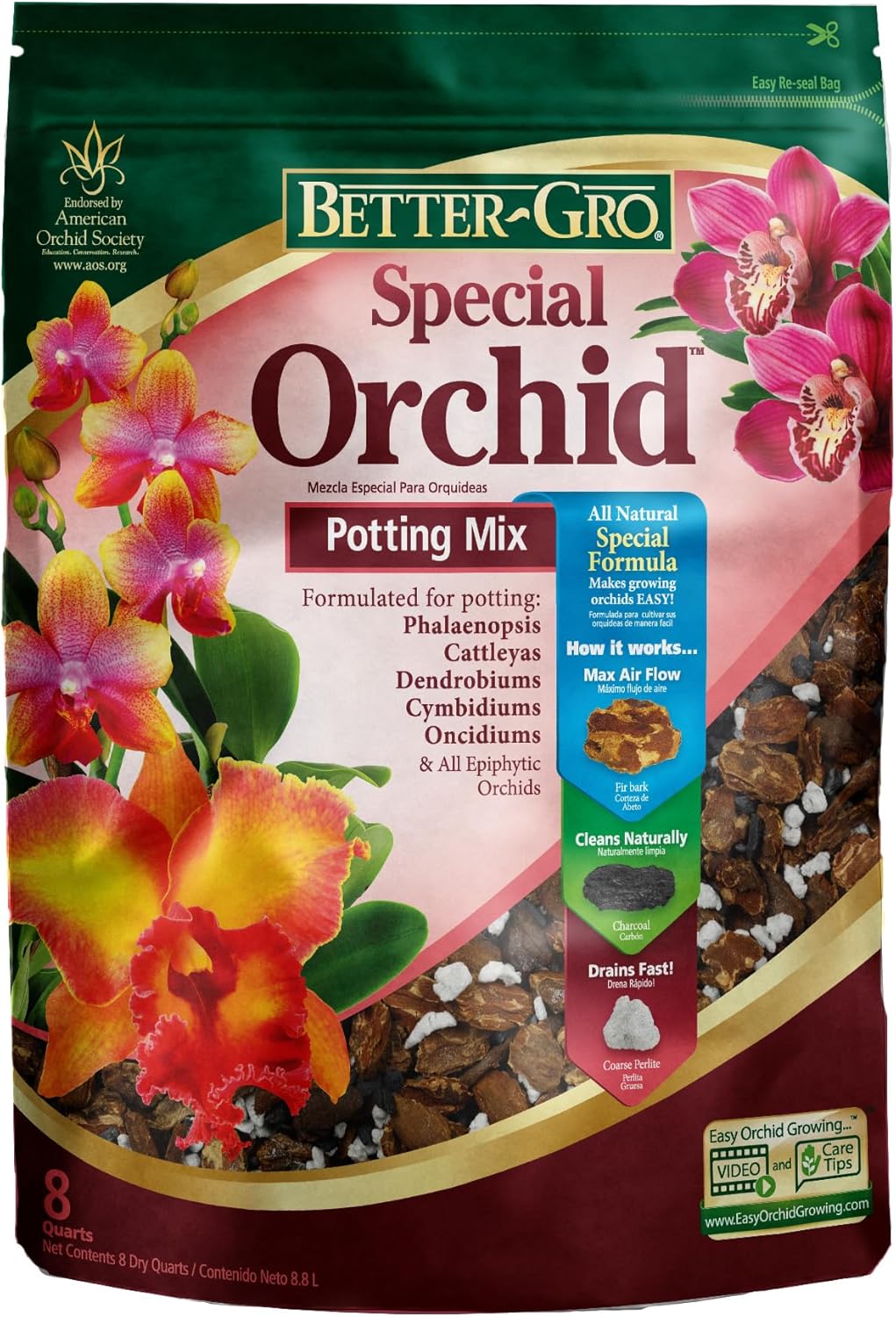 Better-Gro Special Orchid Mix - Orchid Bark Potting Mix - 8 Quarts - Enhanced drainage, air flow & root ventilation, ideal for Phalaenopsis, Cattleyas, Dendrobiums - 1