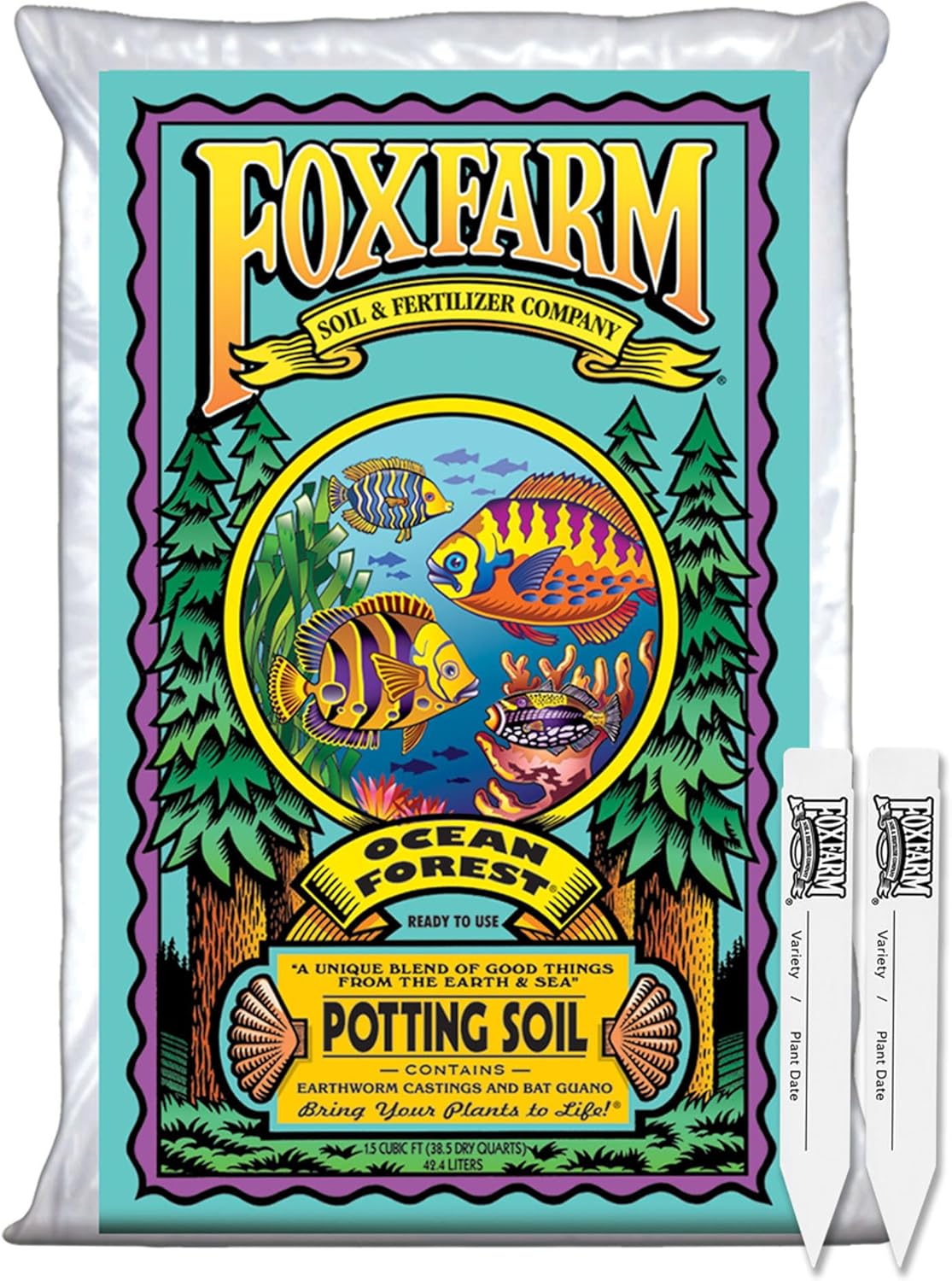 FoxFarm Ocean Forest Potting Soil with 2 Plant Tags, 1.5 cu ft – Light, Aerated Texture – for All Container Plants - 1