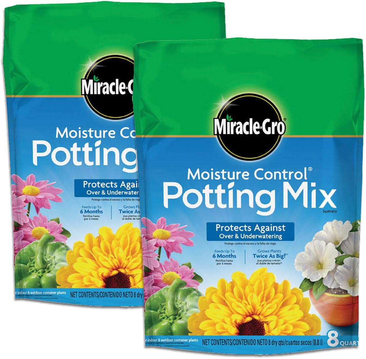Miracle-Gro Moisture Control Potting Mix, 8 qt. (2-Pack) - Plant Soil For Container Plants, Protects against Over- and Under-Watering - 1