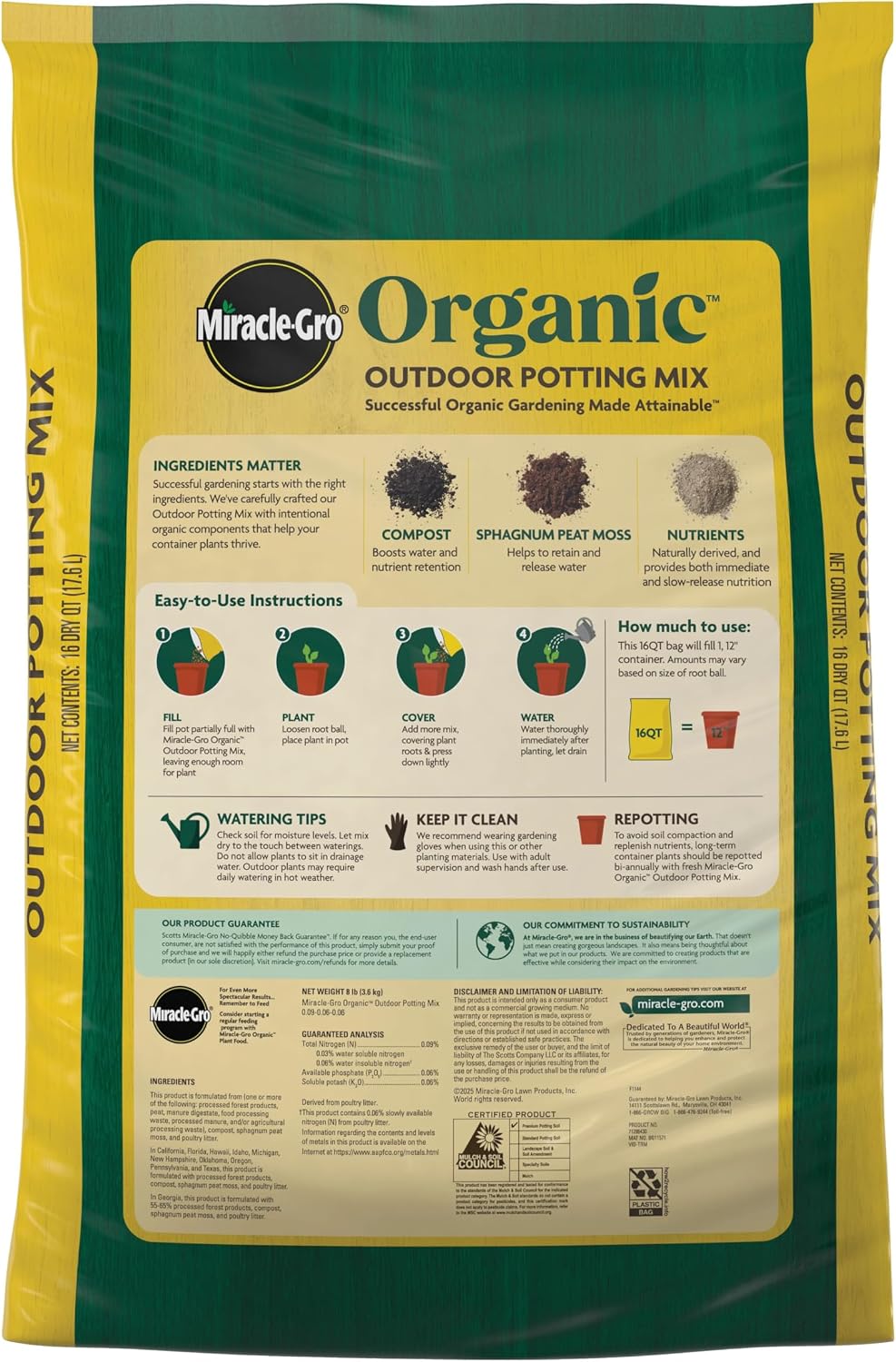 Miracle-Gro Organic Outdoor Potting Mix, 16 qt. | Plant Soil For Outdoor Container Plants, Contains Quick-Release Natural Fertilizer, OMRI Listed - Image 4