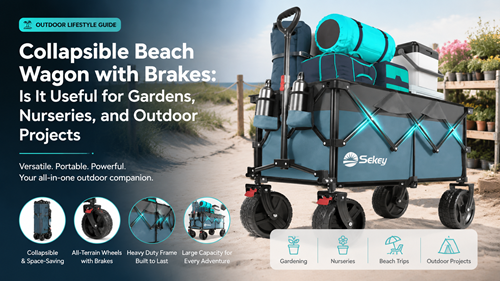 Collapsible beach wagon with brakes for garden nursery and outdoor hauling