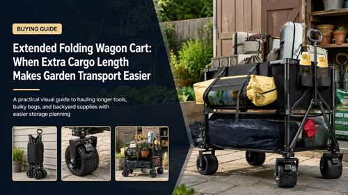 Extended folding wagon cart carrying long garden supplies and bulky loads