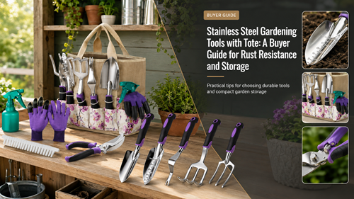 Stainless steel gardening tools with tote for rust-resistant garden storage