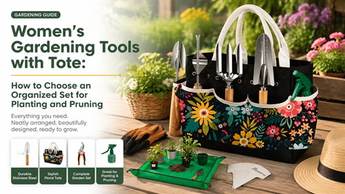 Women's gardening tools with tote organized for planting and pruning