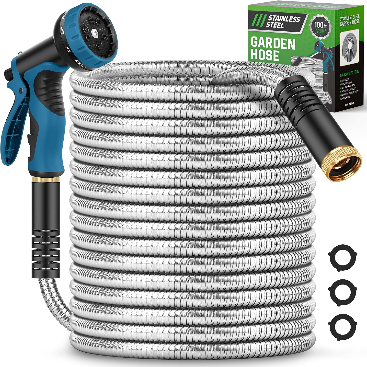 Garden Hose 100FT with 10-Function Nozzle, No-Kink Water Hose - 1