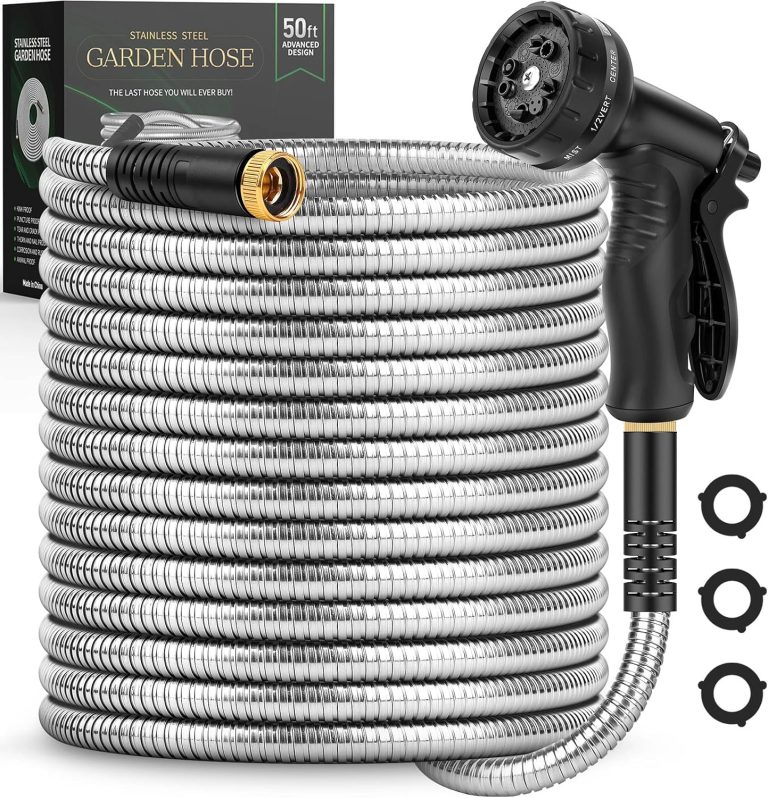 Garden Hose 50 FT, Metal Stainless Steel Water Hose with 10 Function Nozzle