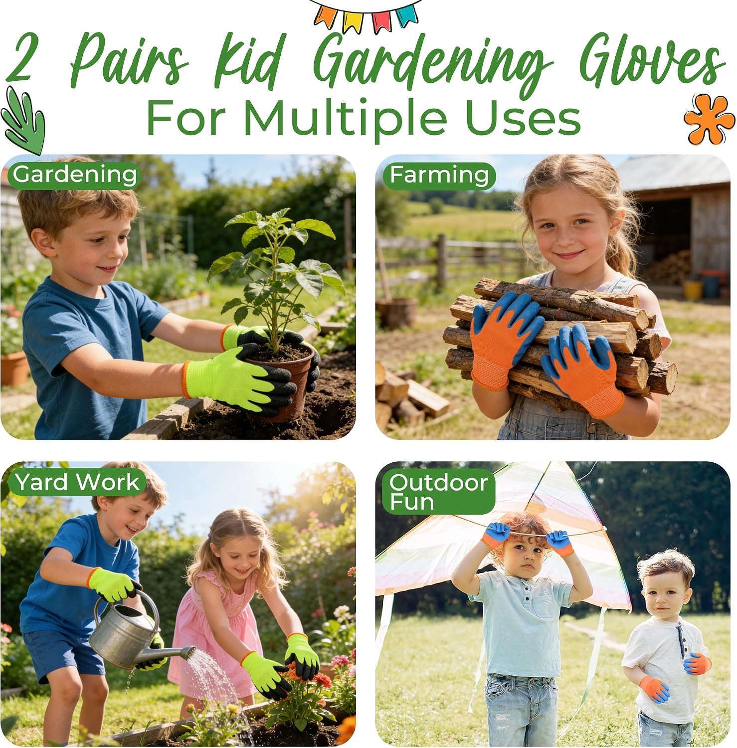 HANDLANDY 2 Pairs Kids Gardening Gloves, Grippy Kids Work Gloves, S - Image 3