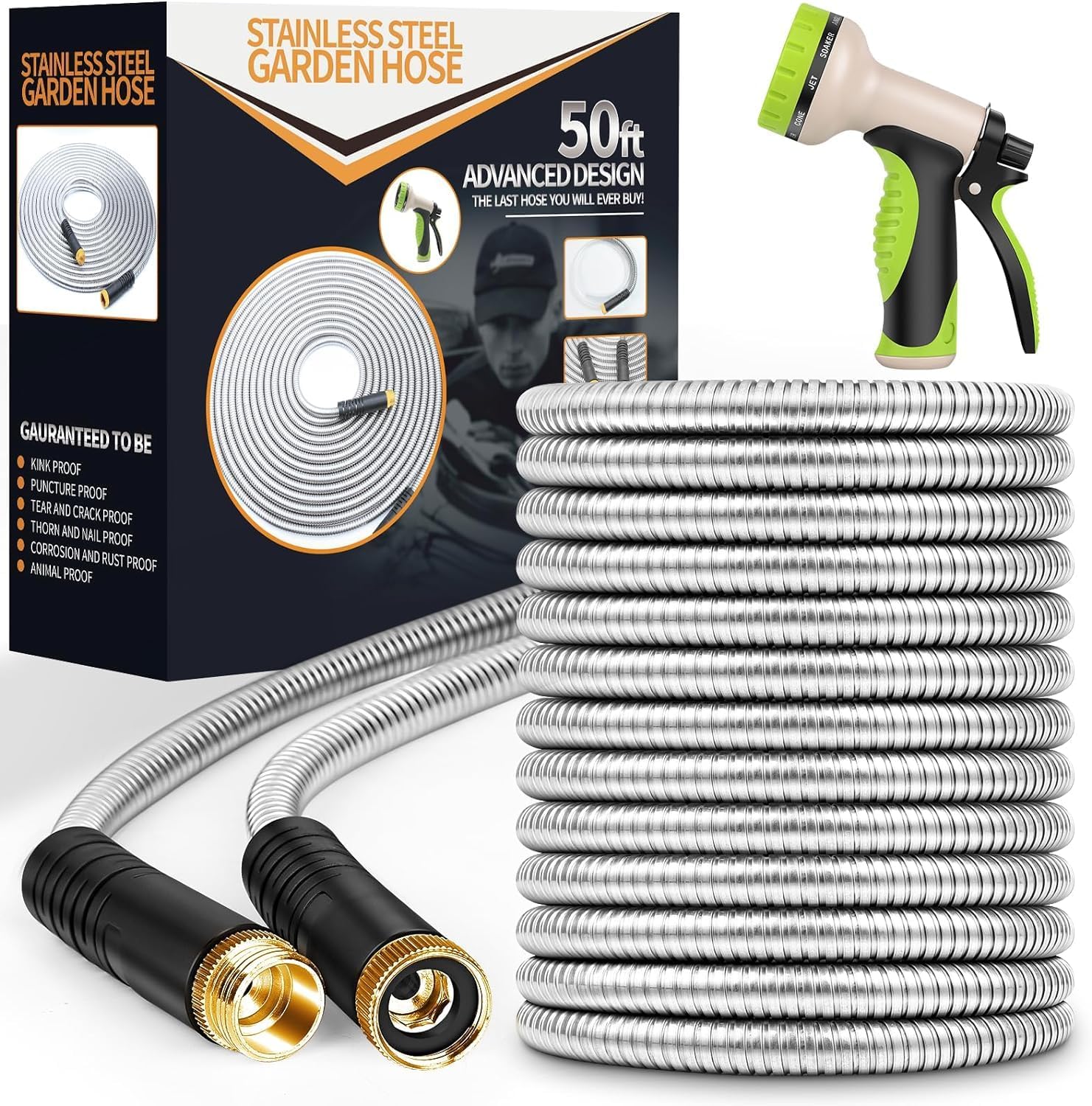Unywarse Garden Hose 50FT Metal Water Hose with 10 Function Nozzle No-Kink - 1